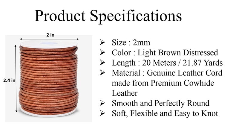 GENIQUE Real/Genuine Round Leather String Cord for Necklace  Bracelets  Jewelry  Kumihimo Braiding  DIY Projects (20 Metres) (2mm  Light Brown Distressed) - Image 3